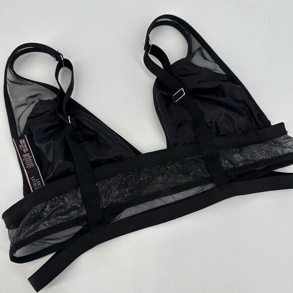 Victoria’s Secret Caged Bra Bralette Black Silver Foil Mesh Shine & Plunge Large - Picture 9 of 12